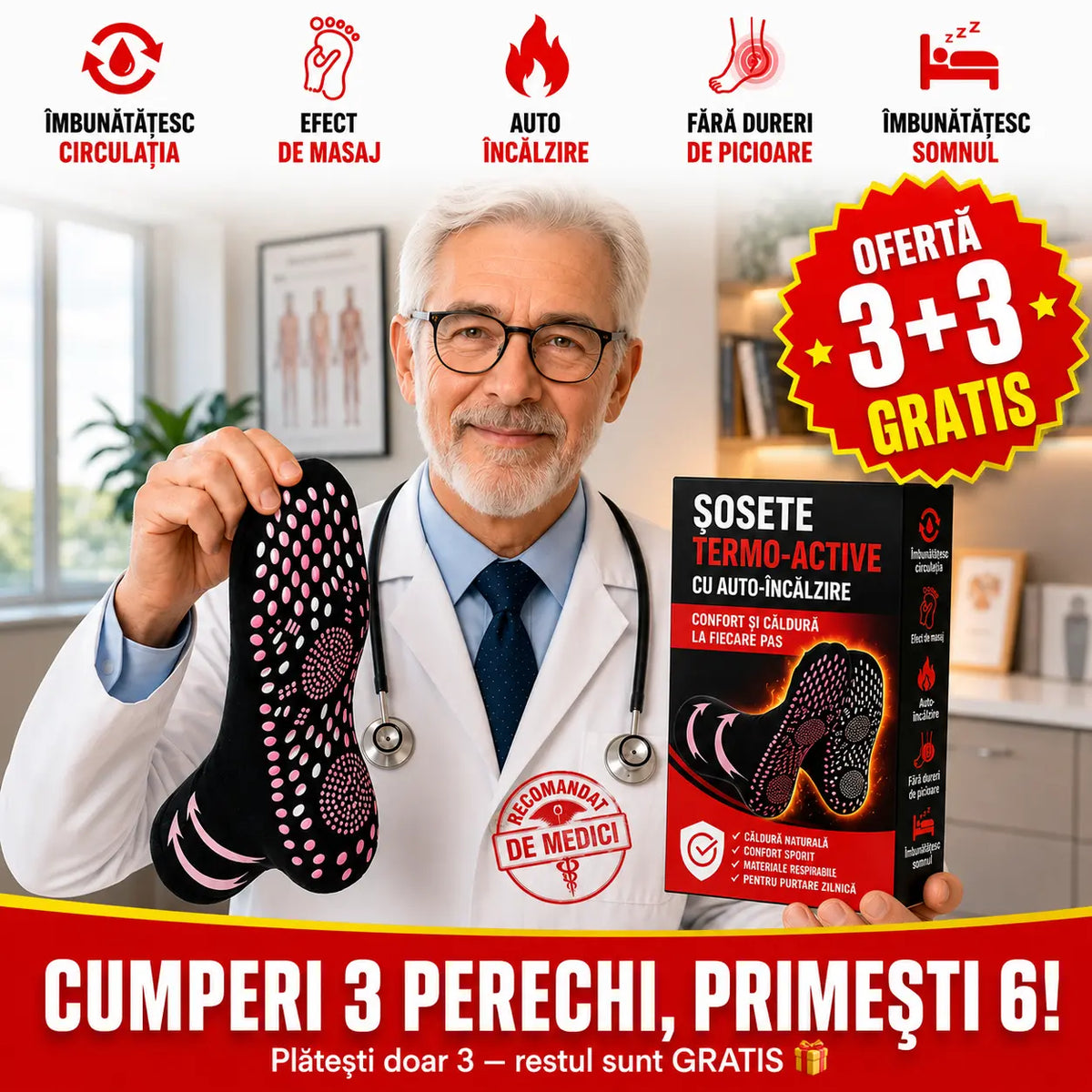 3+3 GRATIS PERECHI Șosete de Refacere cu Masaj și Încălzire